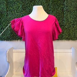 Hot pink t-shirt with ruffled sleeves